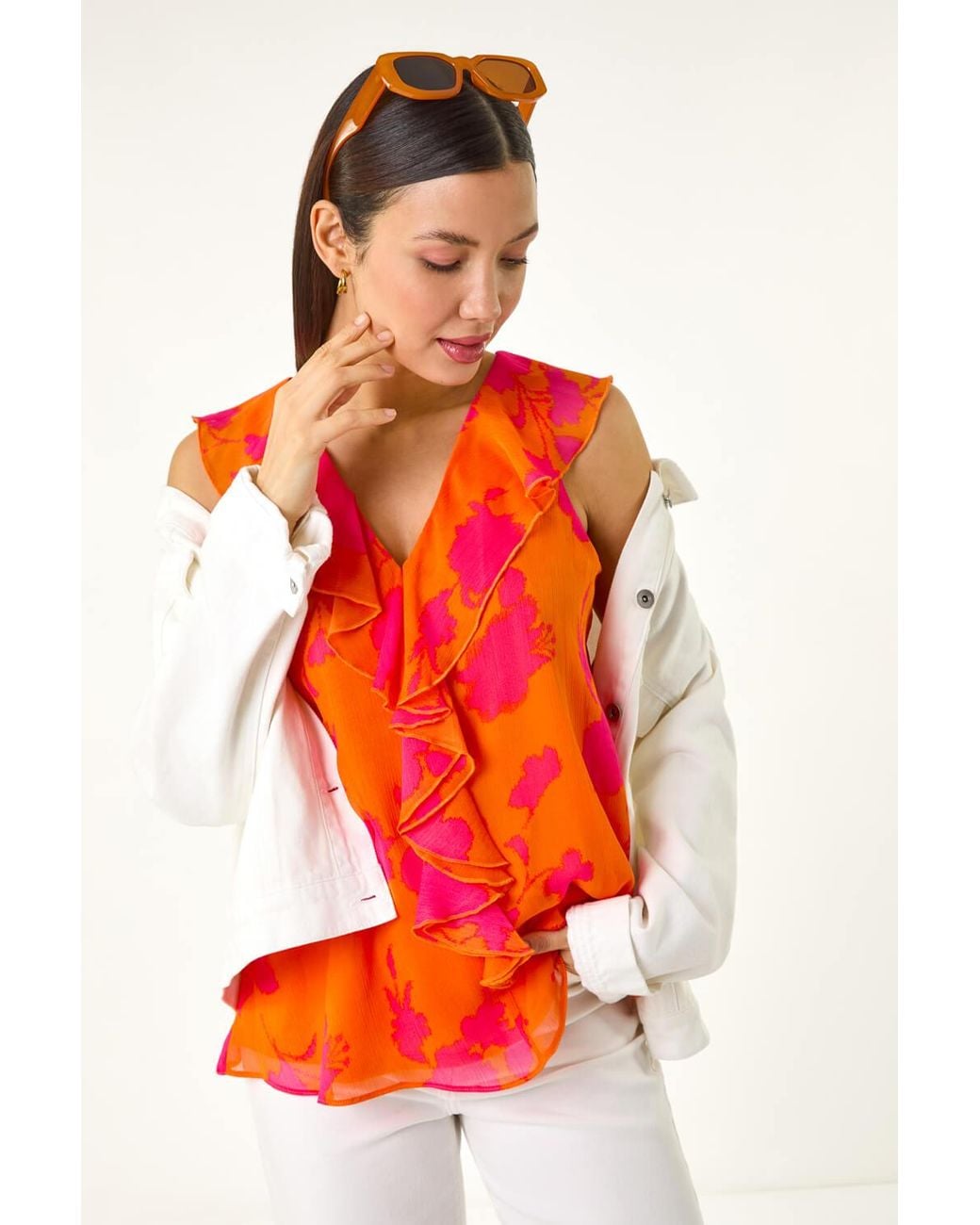 Roman Red Tropical Print Ruffle Vest Top