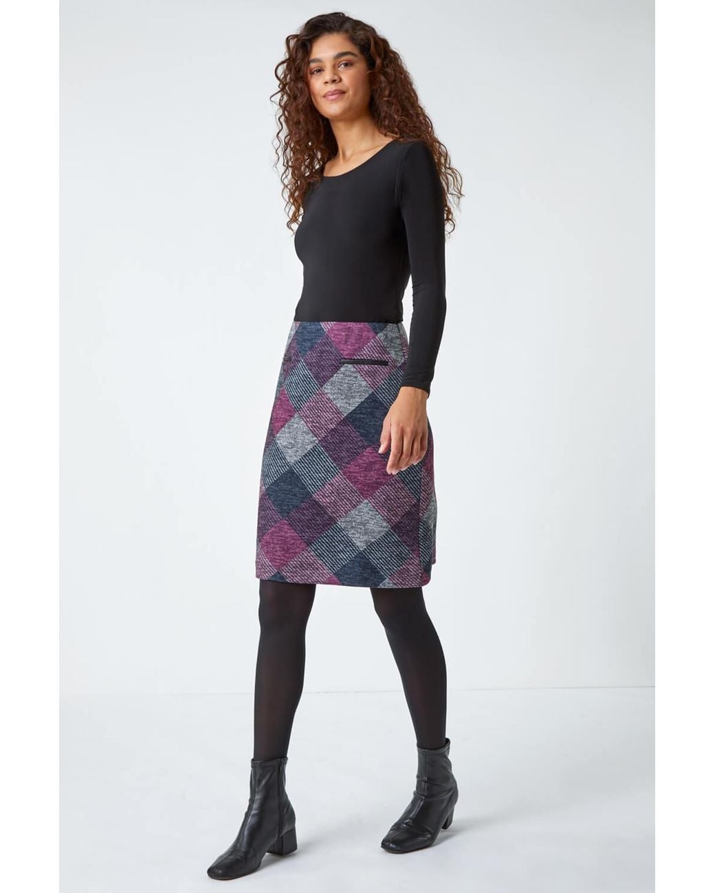 Roman Pink Elastic Waist Check Print Pocket A Line Skirt