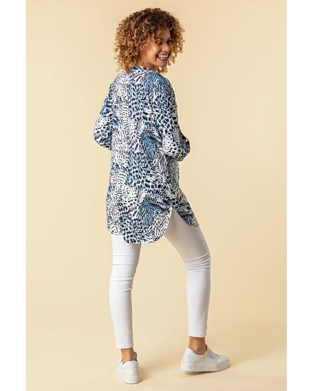 Roman Blue Animal Print 3/4 Sleeve Longline Tunic Top