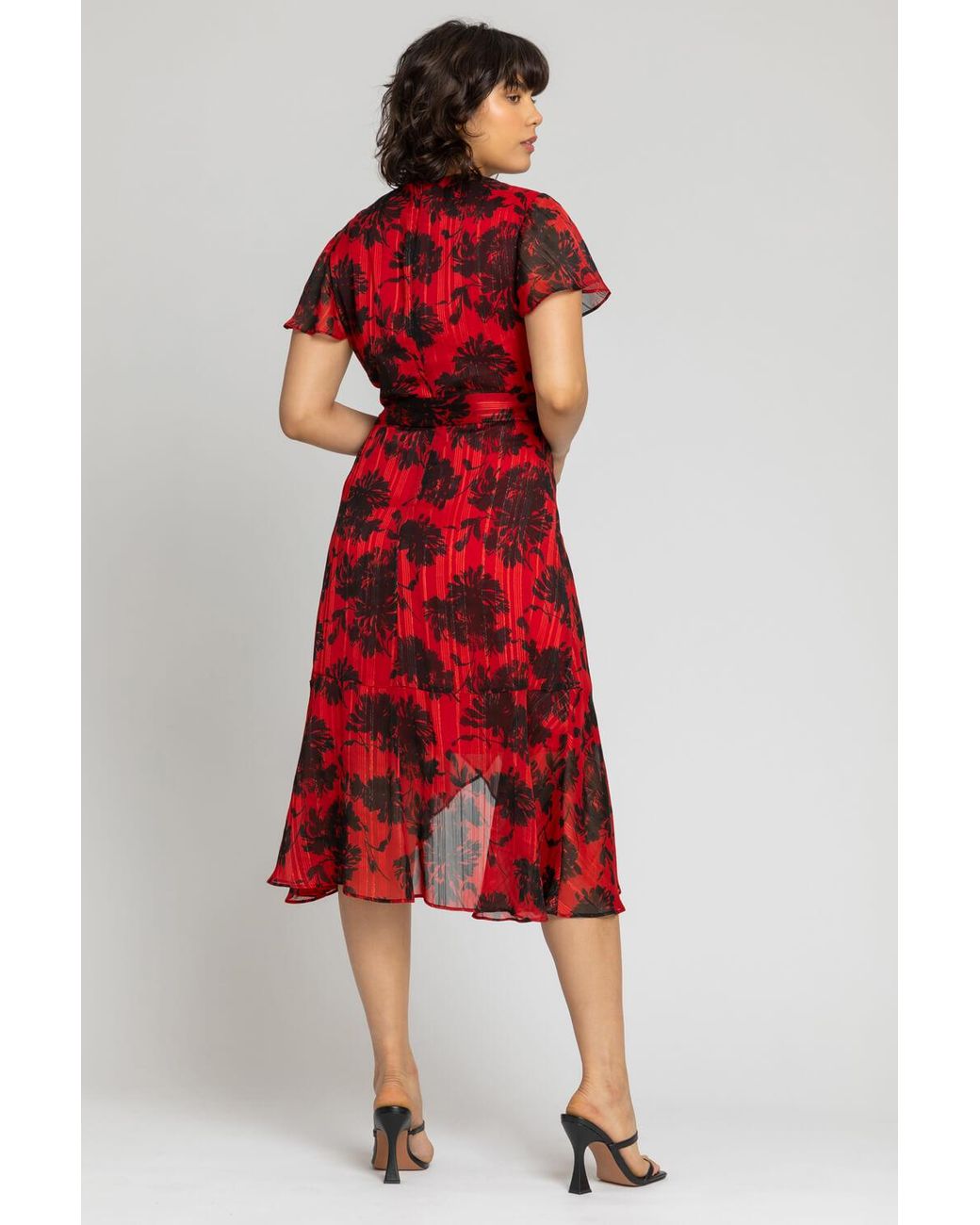 Roman Red Floral Print Chiffon Wrap Midi Dress