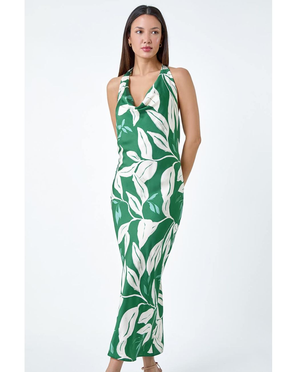 Roman Green Floral Print Satin Bias Cut Bodycon Dress