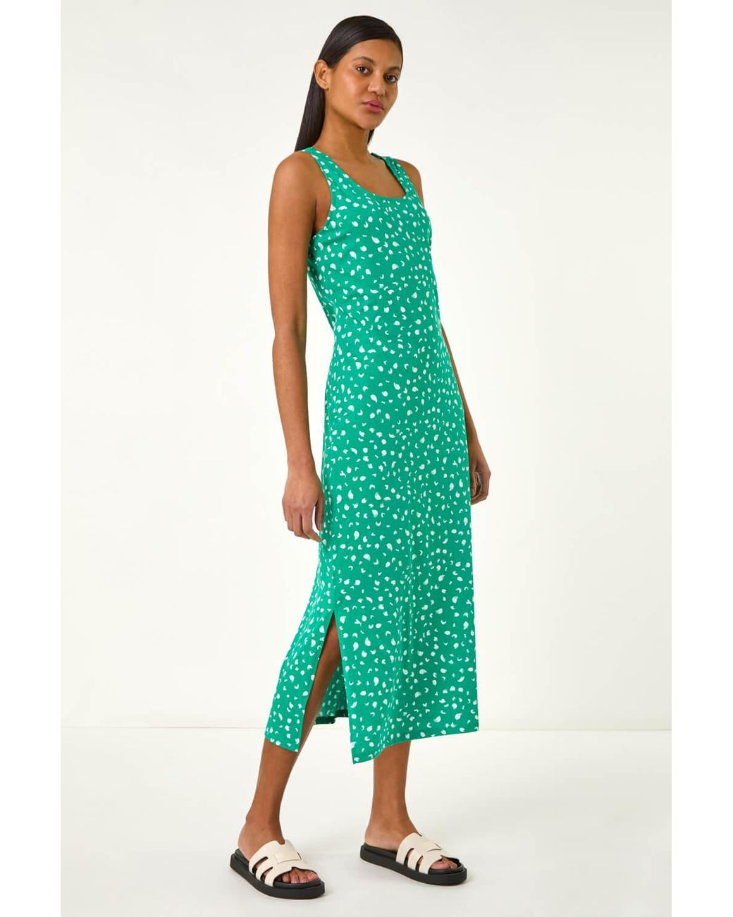 Roman Green Cotton Speckled Print Midi Dress