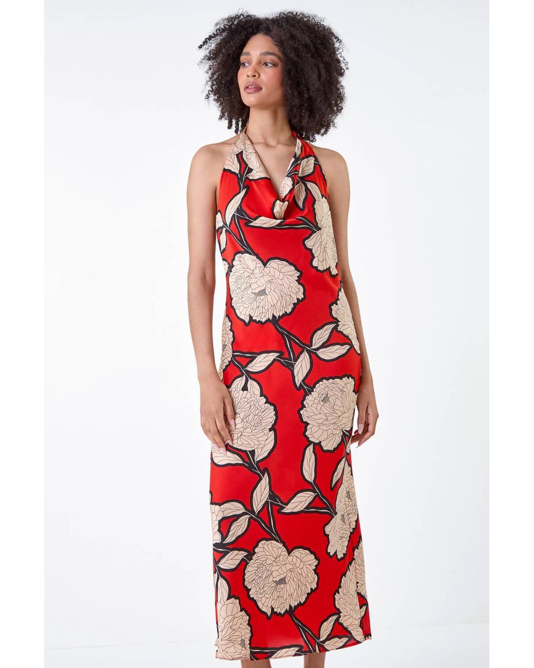 Roman Red Floral Print Satin Bias Cut Bodycon Dress