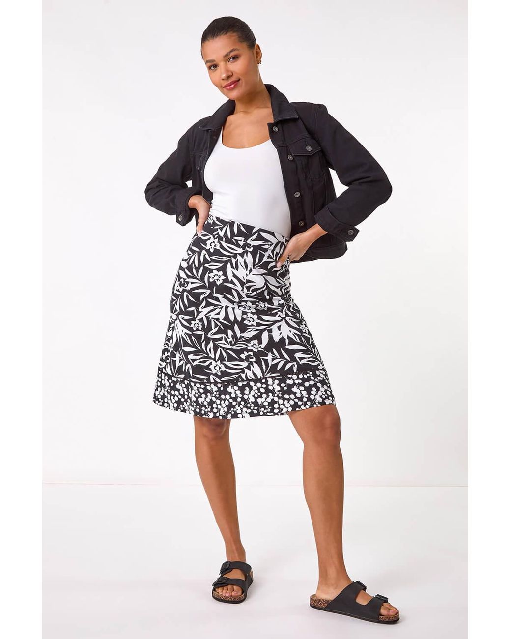 Roman Black A-Line Palm Mono Print Skirt