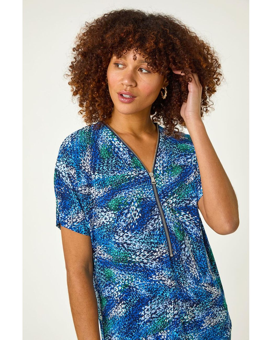 Roman Blue Textured Print Zip Stretch Top