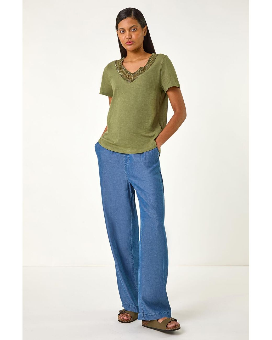 Roman Green Sequin Trim V-Neck Stretch Top