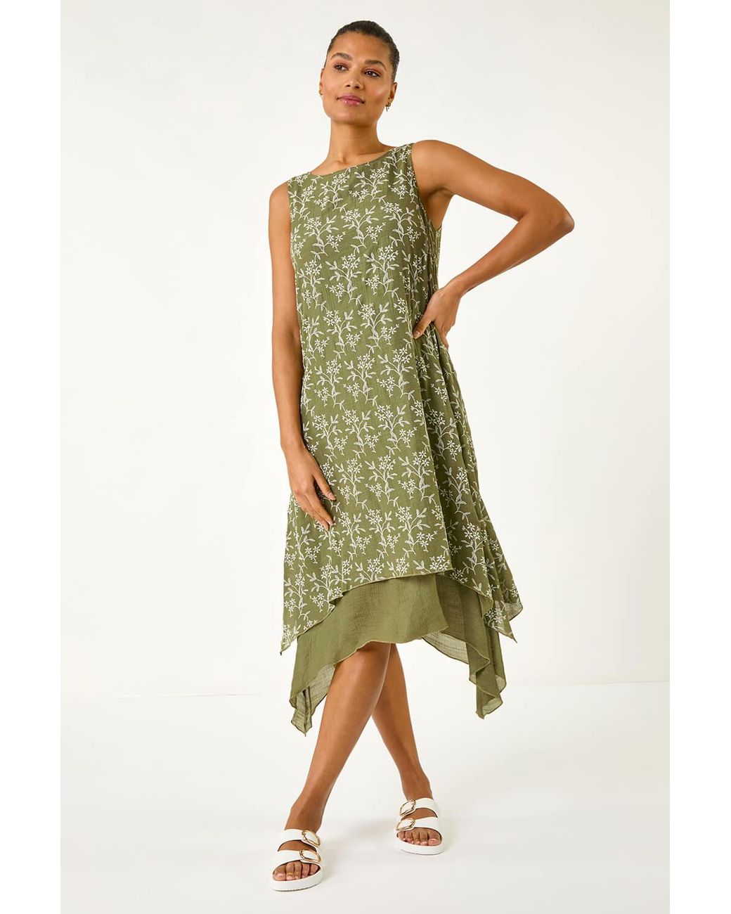 Roman Green Floral Print Double Layer Shift Dress
