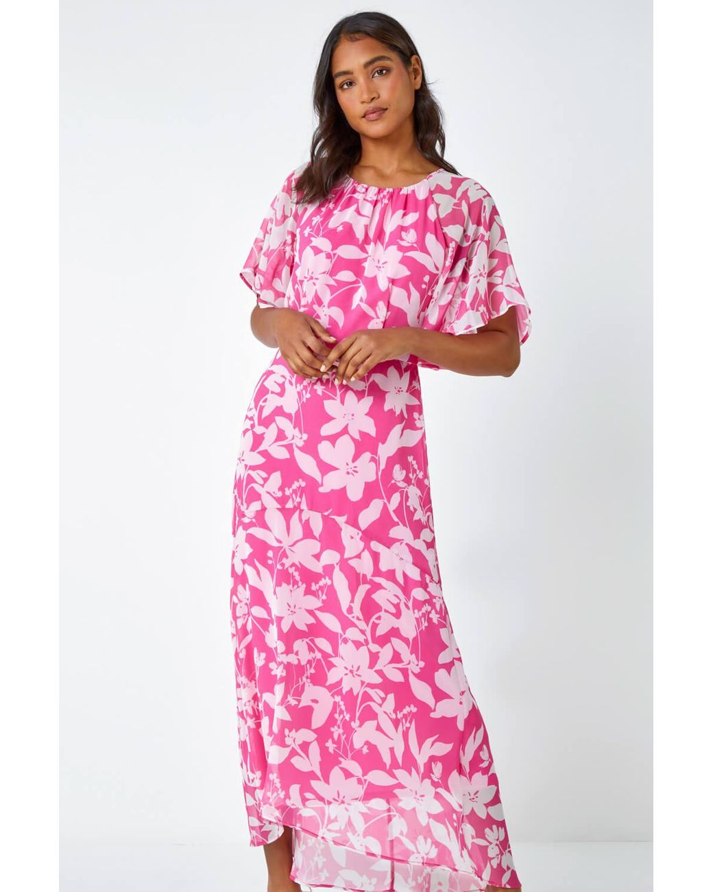 Roman Pink Floral Frill Detail Chiffon Midi Dress