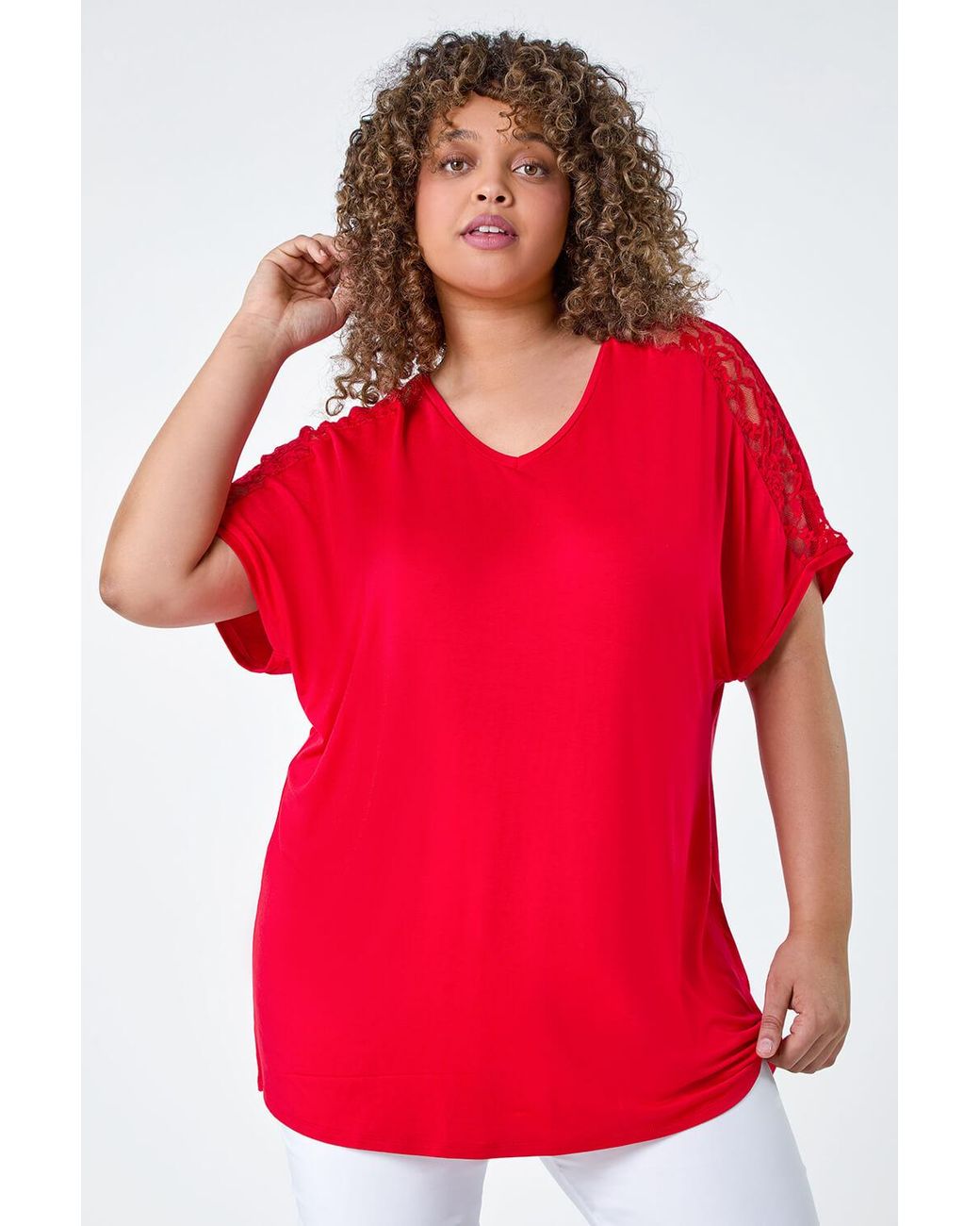 Roman Curve Red Lace Shoulder Stretch Jersey T-Shirt