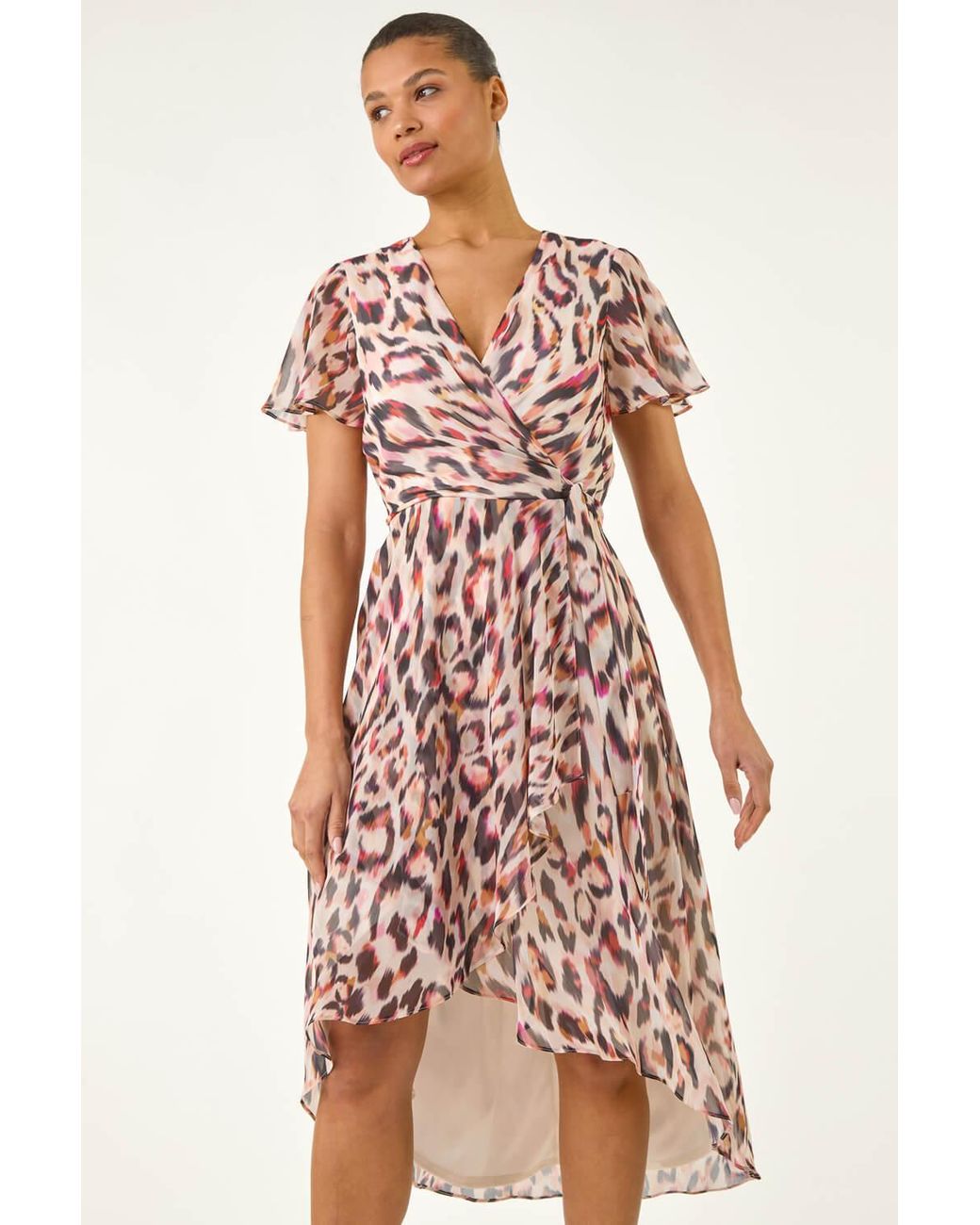 Roman Pink Leopard Ruffle Front Dress