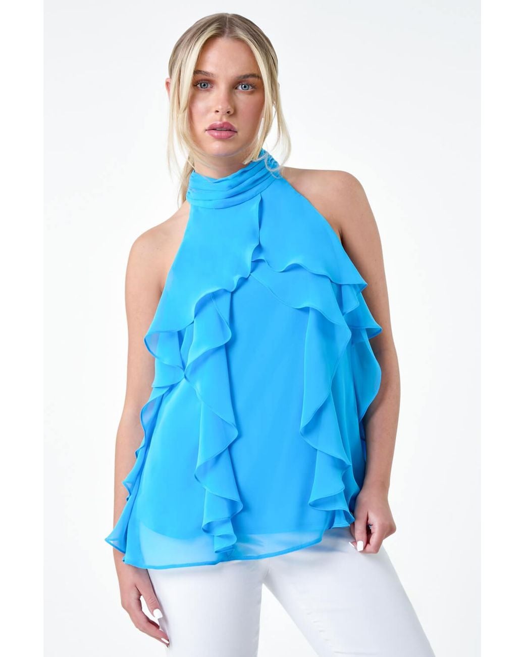 Roman Petite Blue Halter Neck Frill Top