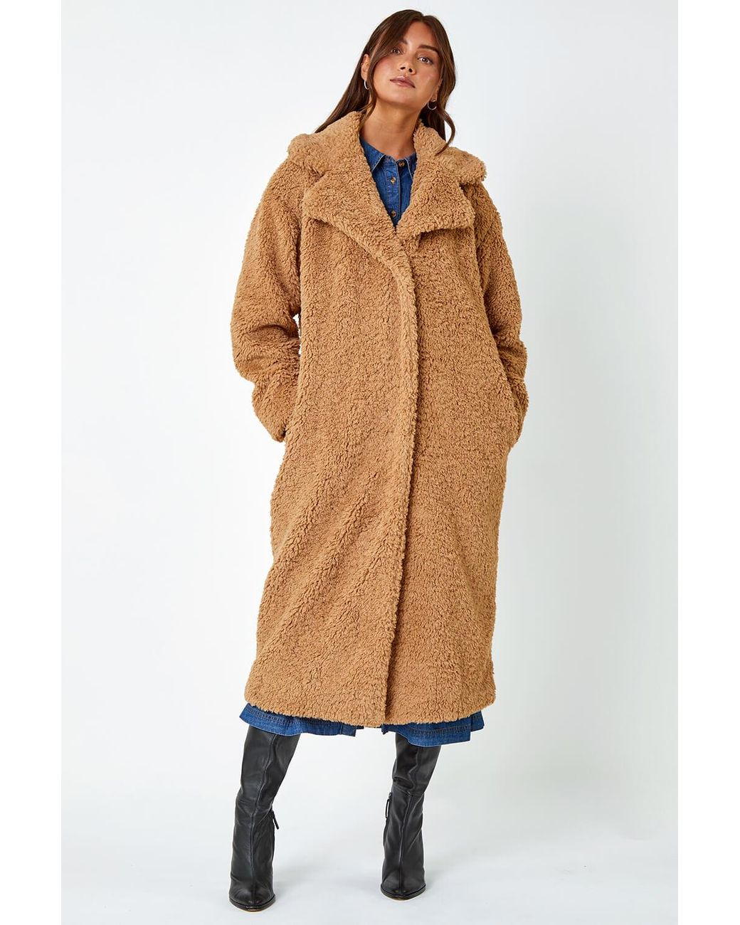 Roman Blue Longline Faux Fur Teddy Borg Coat