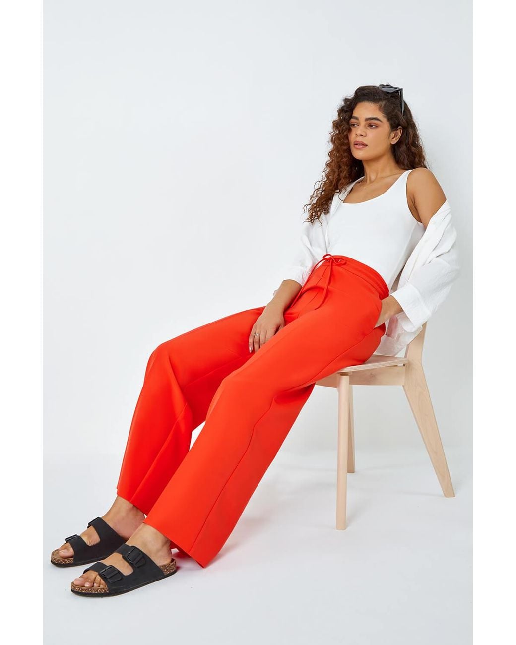 Roman Red Wide Leg Elastic Waist Tie Front Trouser