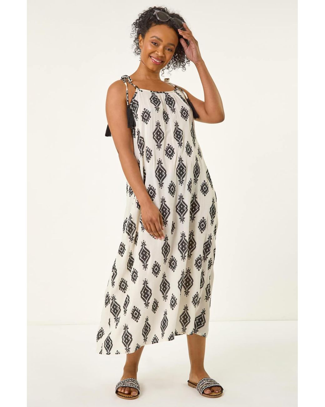 Roman Petite White Aztec Print Midi Dress