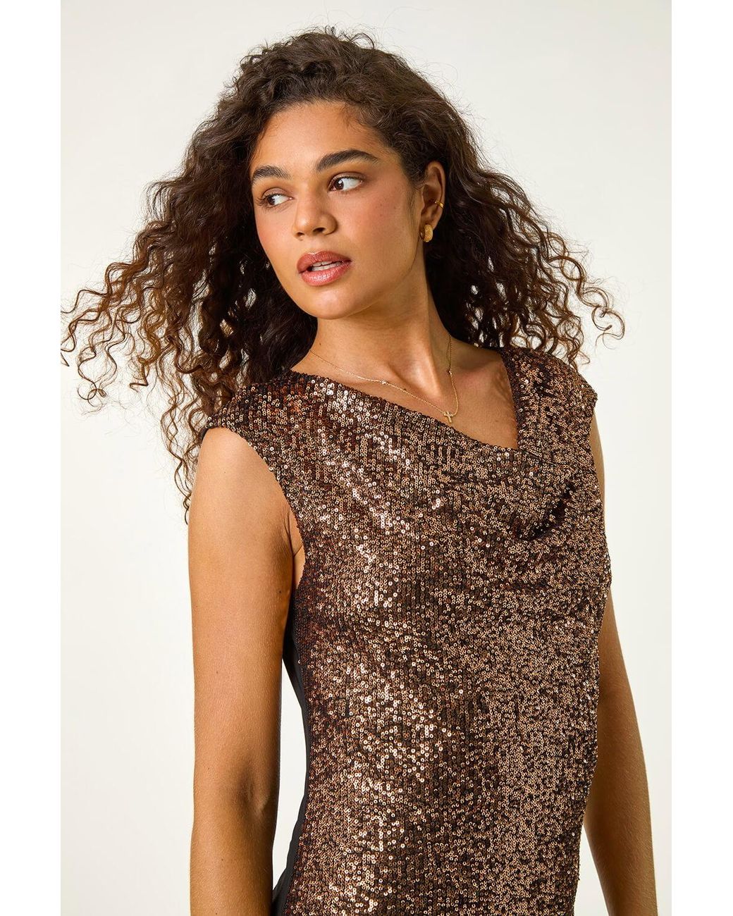 Roman Brown Sequin Cowl Neck Jersey Top