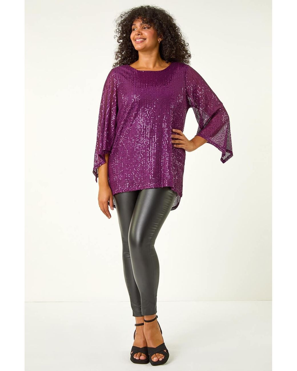 Roman Curve Purple Sequin Flared Sleeve Top