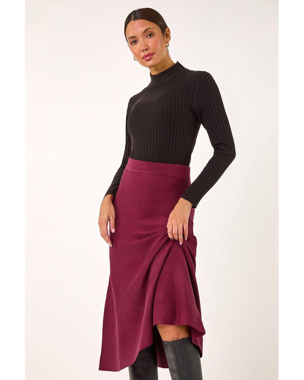Roman Red Knitted Midi Stretch Skirt
