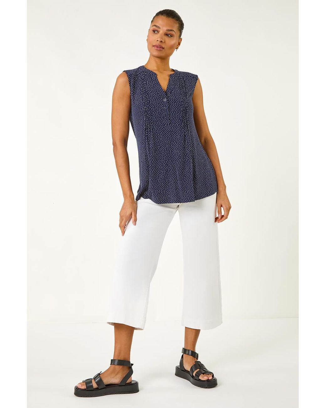 Roman Blue Polka Dot Print Pintuck Vest