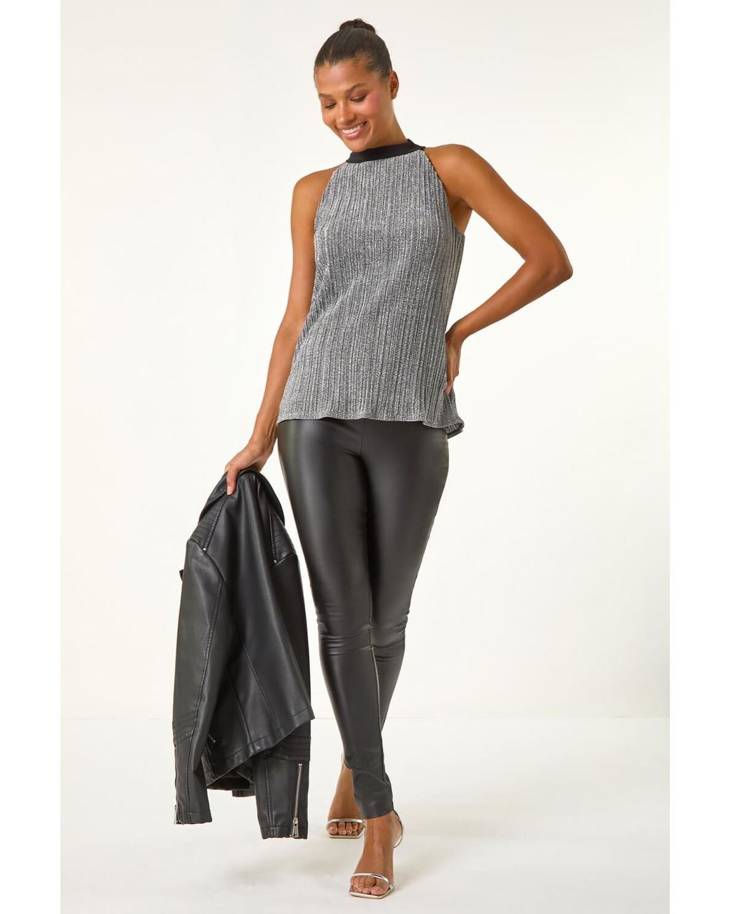 Roman Gray Glitter Plisse Halter Neck Top