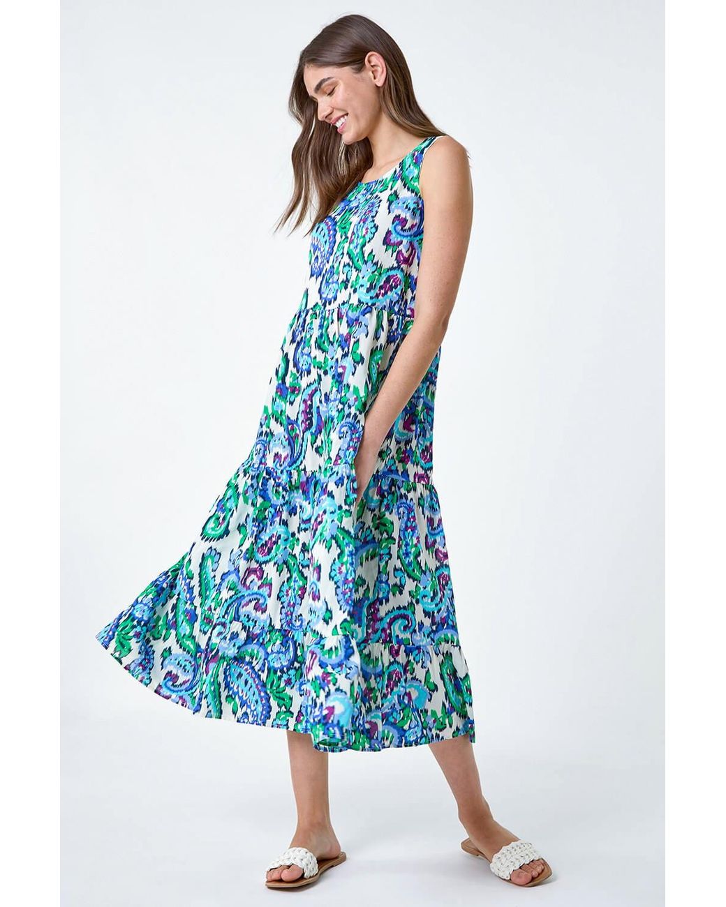Roman Blue Paisley Tie Detail Tiered Midi Dress