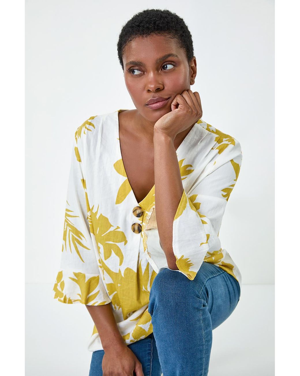 Roman White Floral Print Button Front Top