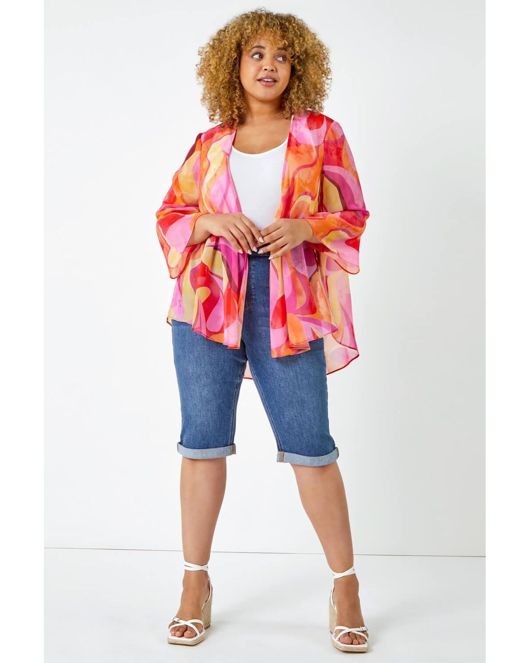Roman Curve Red Abstract Print Chiffon Kimono