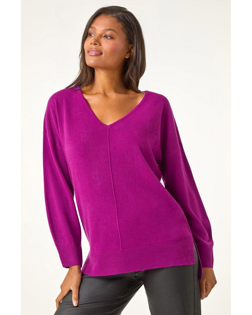 Roman Purple Soft V-Neck Side Split Knit Sweater