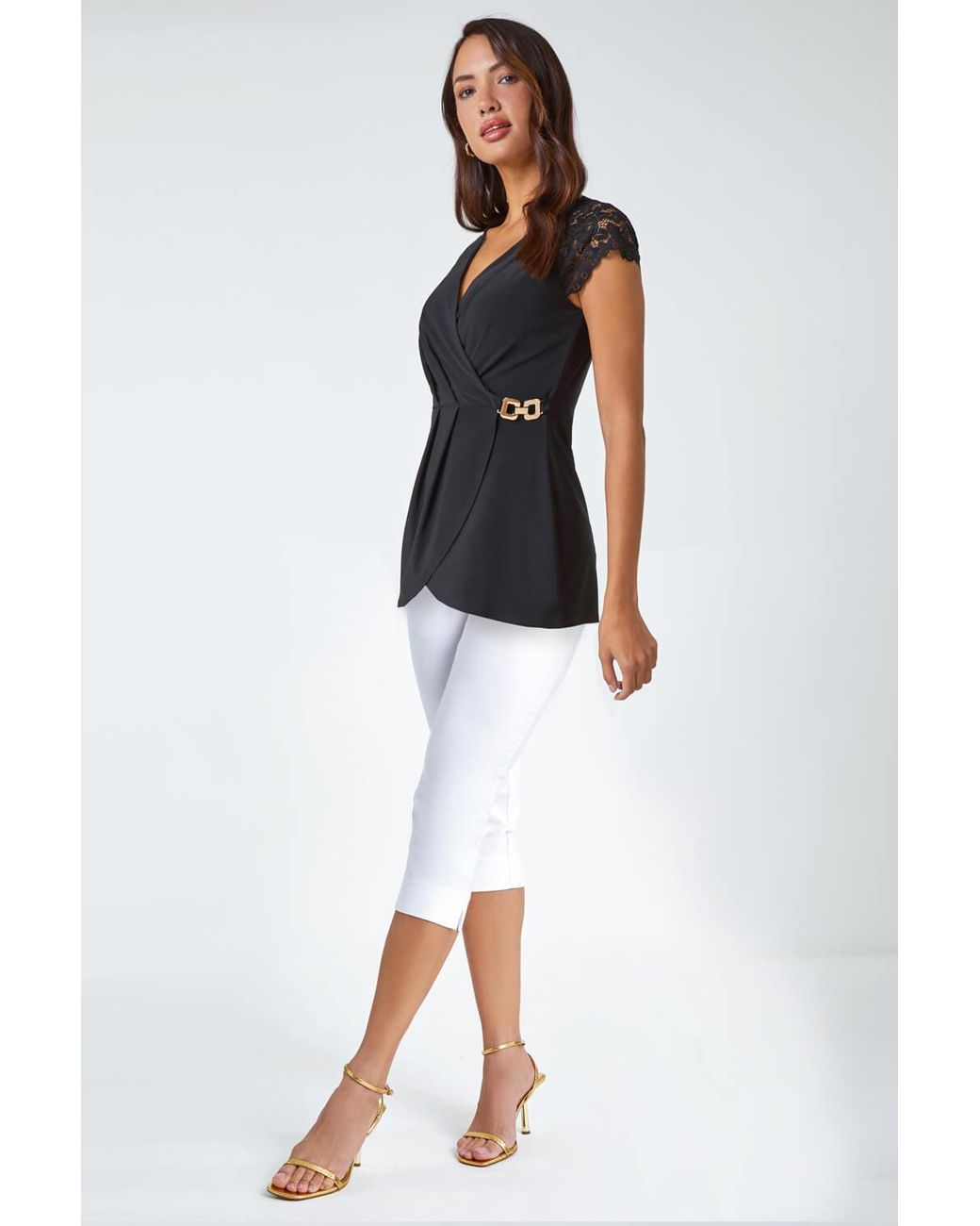 Roman Black Lace Trim Stretch V-Neck Wrap Top