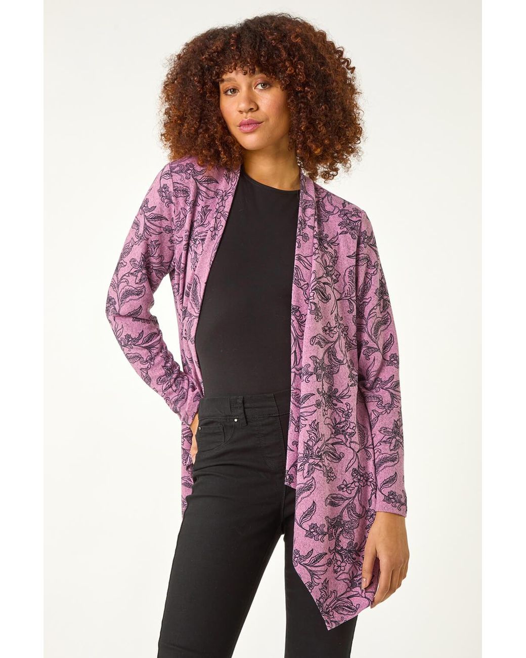 Roman Linear Floral Print Gathered Cardigan