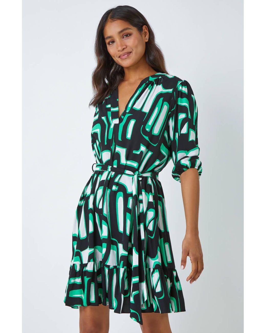 Roman Green Belted Frill Hem Geometric Print Dress