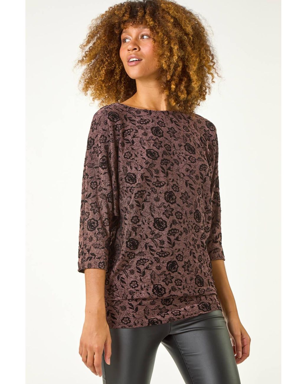 Roman Brown Floral Print Banded Glitter Top
