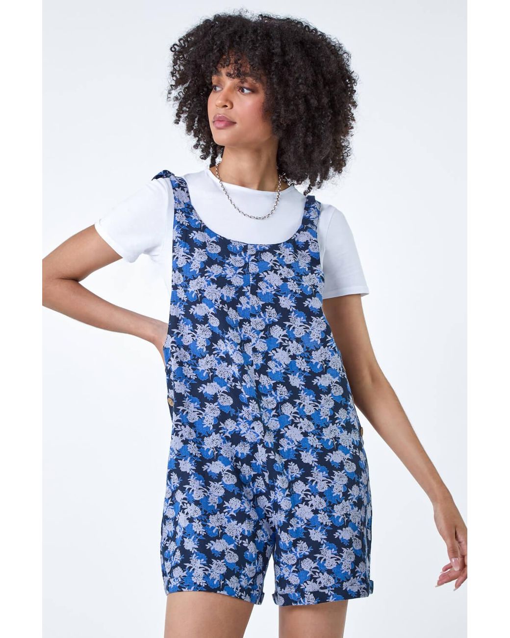 Roman Blue Floral Cotton Linen Blend Playsuit