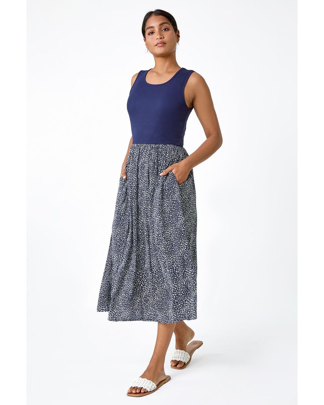 Roman Blue Contrast Spot Stretch Jersey Pocket Dress