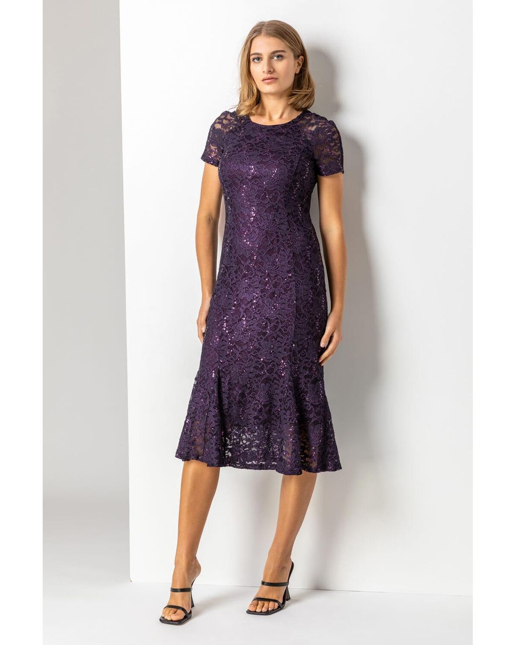 Roman Purple Metallic Lace Sequin Midi Dress