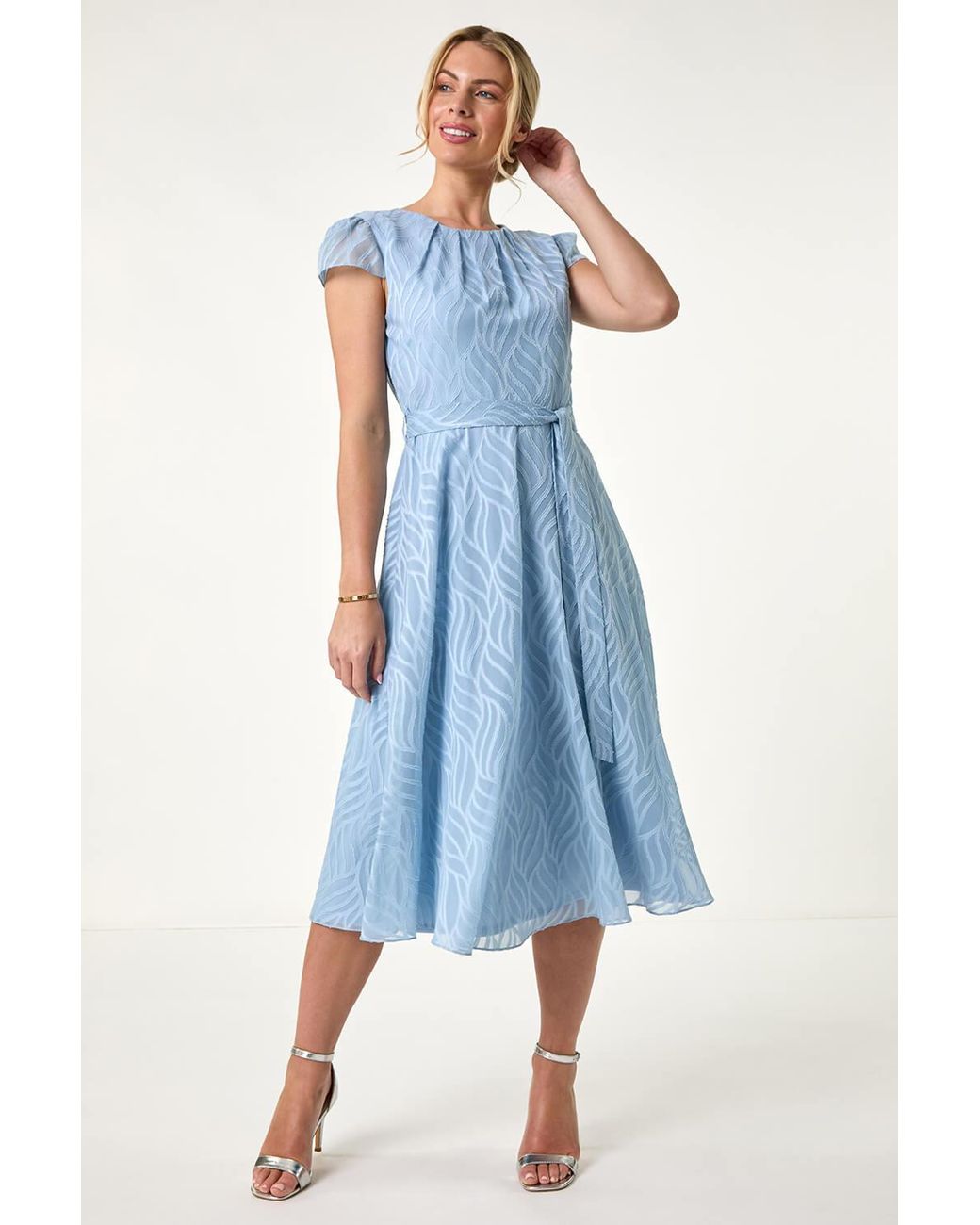 Roman Petite Blue Jacquard Gathered Neck Dress