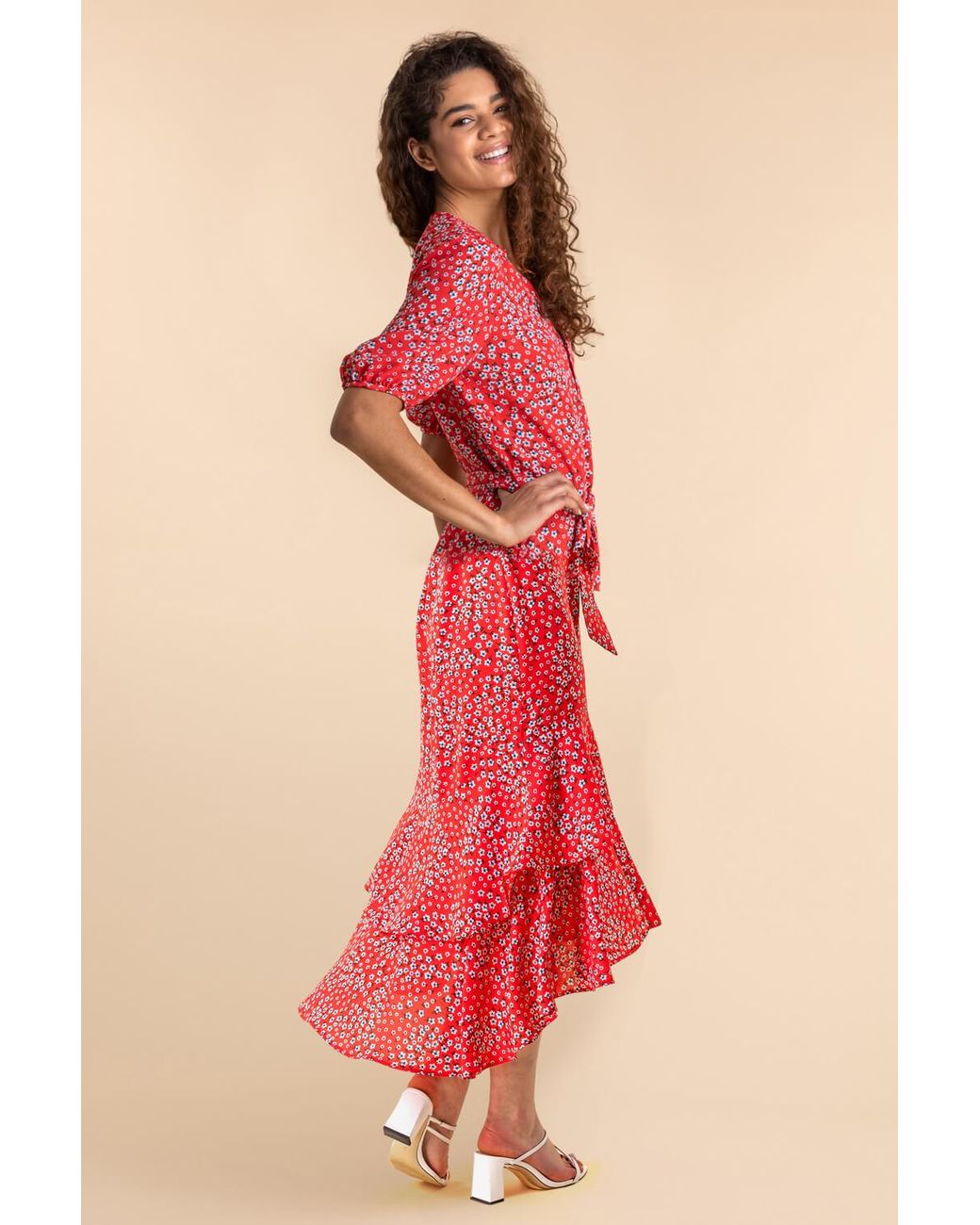 Roman Red Ditsy Floral Frill Hem Midi Dress