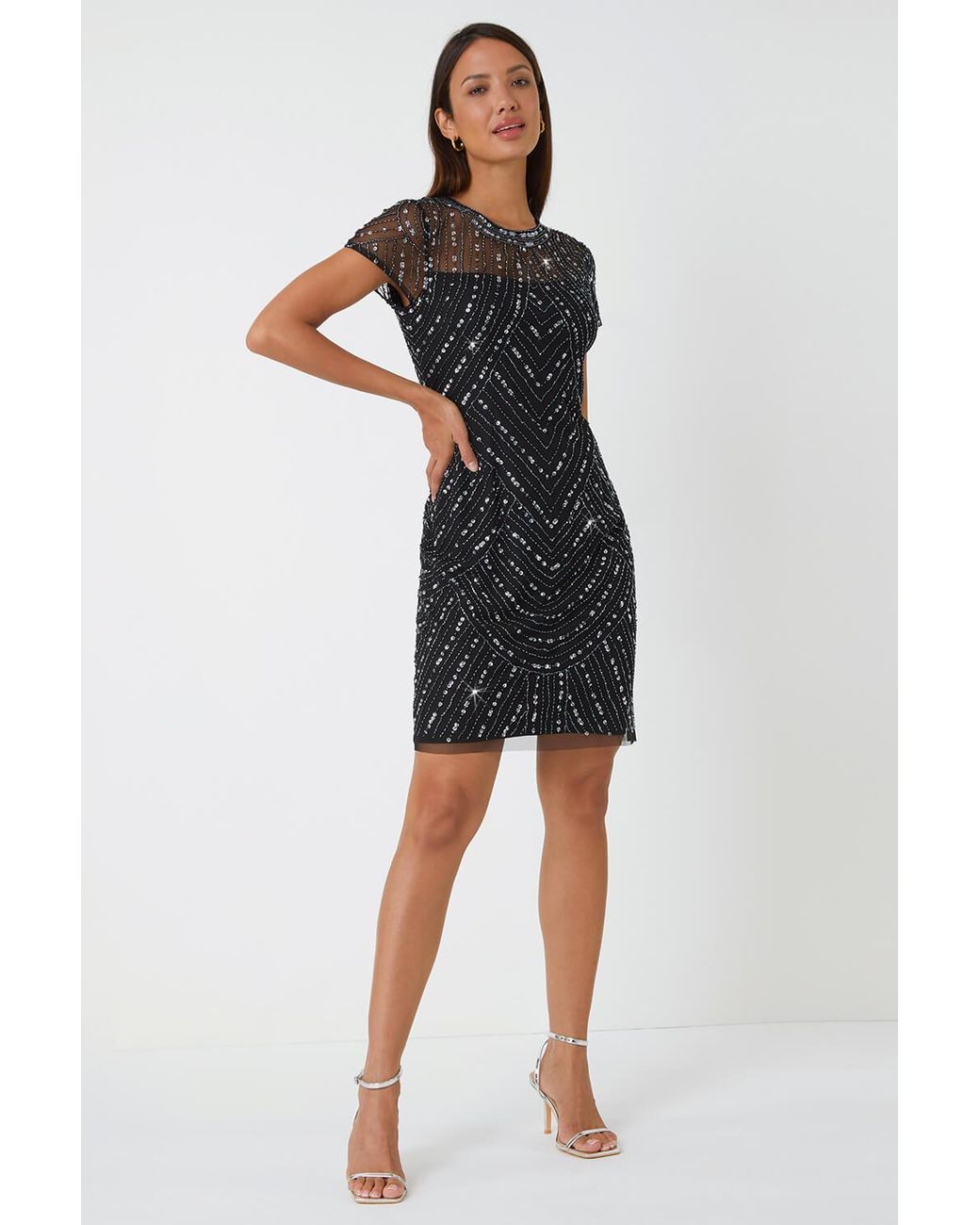 Roman Black Sequin Embellished Sheer Shift Dress