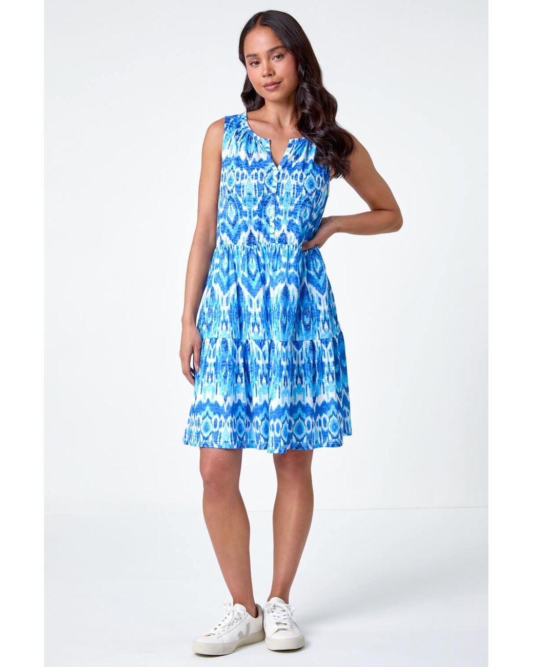 Roman Petite Blue Aztec Print Button Front Dress