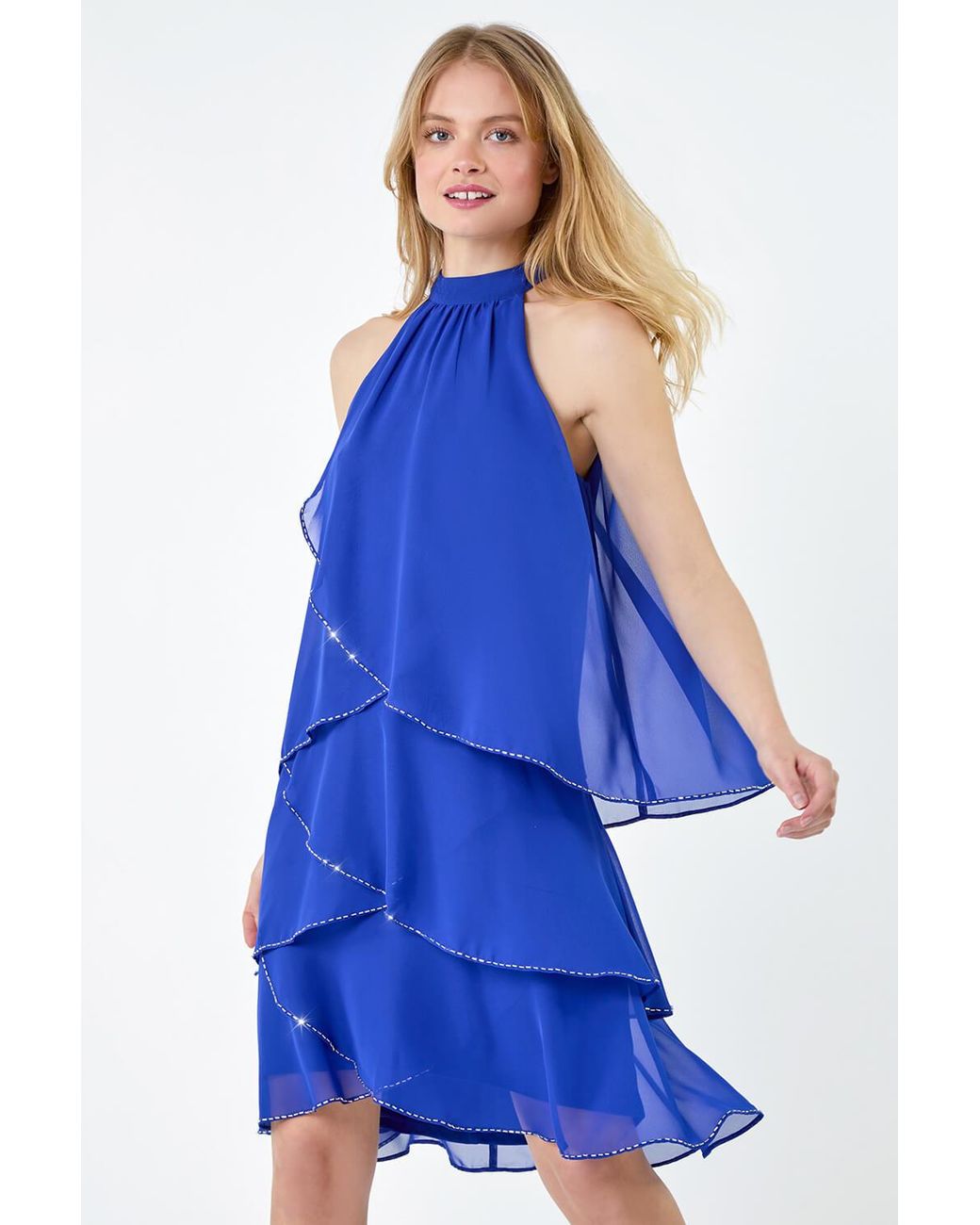 Roman Blue Sequin Trim Tiered Halterneck Dress