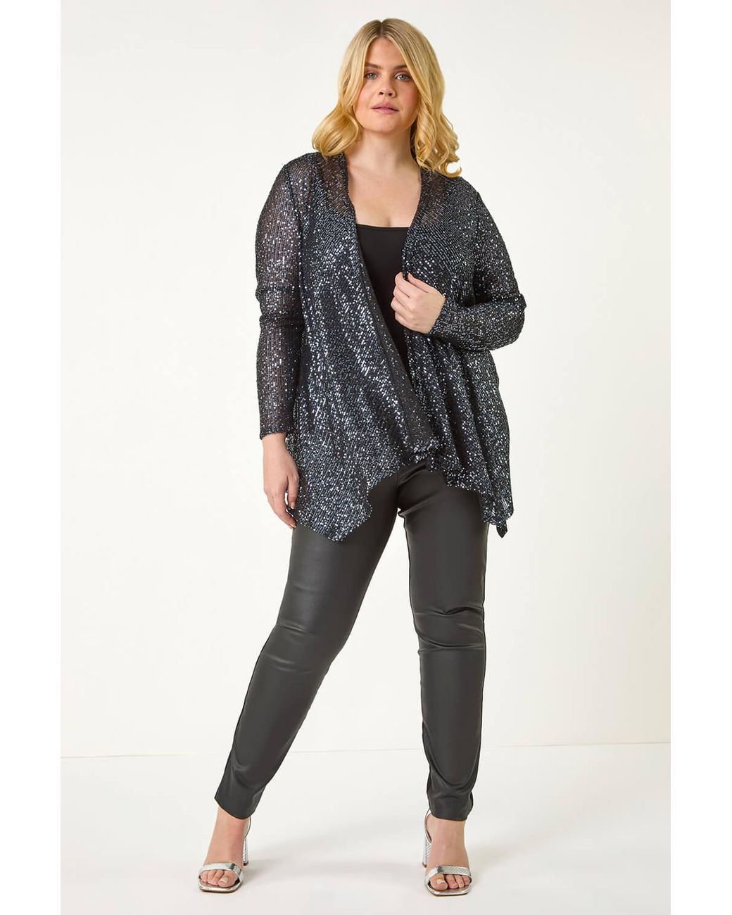 Roman Curve Black Sequin Waterfall Front Cardigan