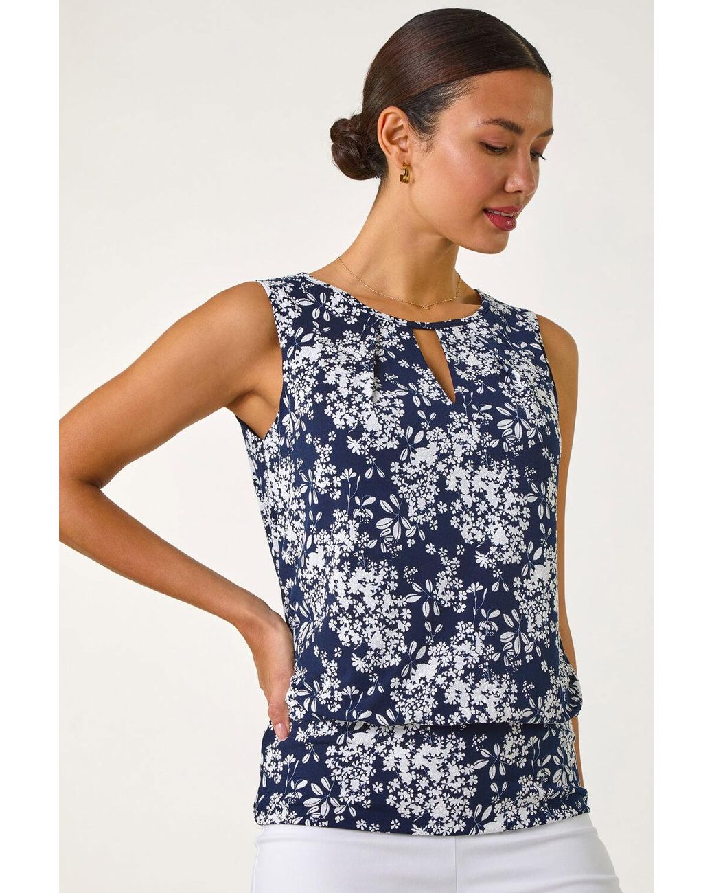 Roman Blue Textured Ditsy Floral Print Top