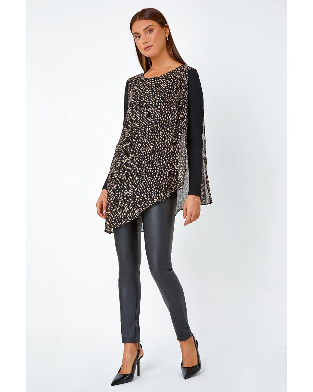 Roman Black Metallic Spot Chiffon Overlay Stretch Top