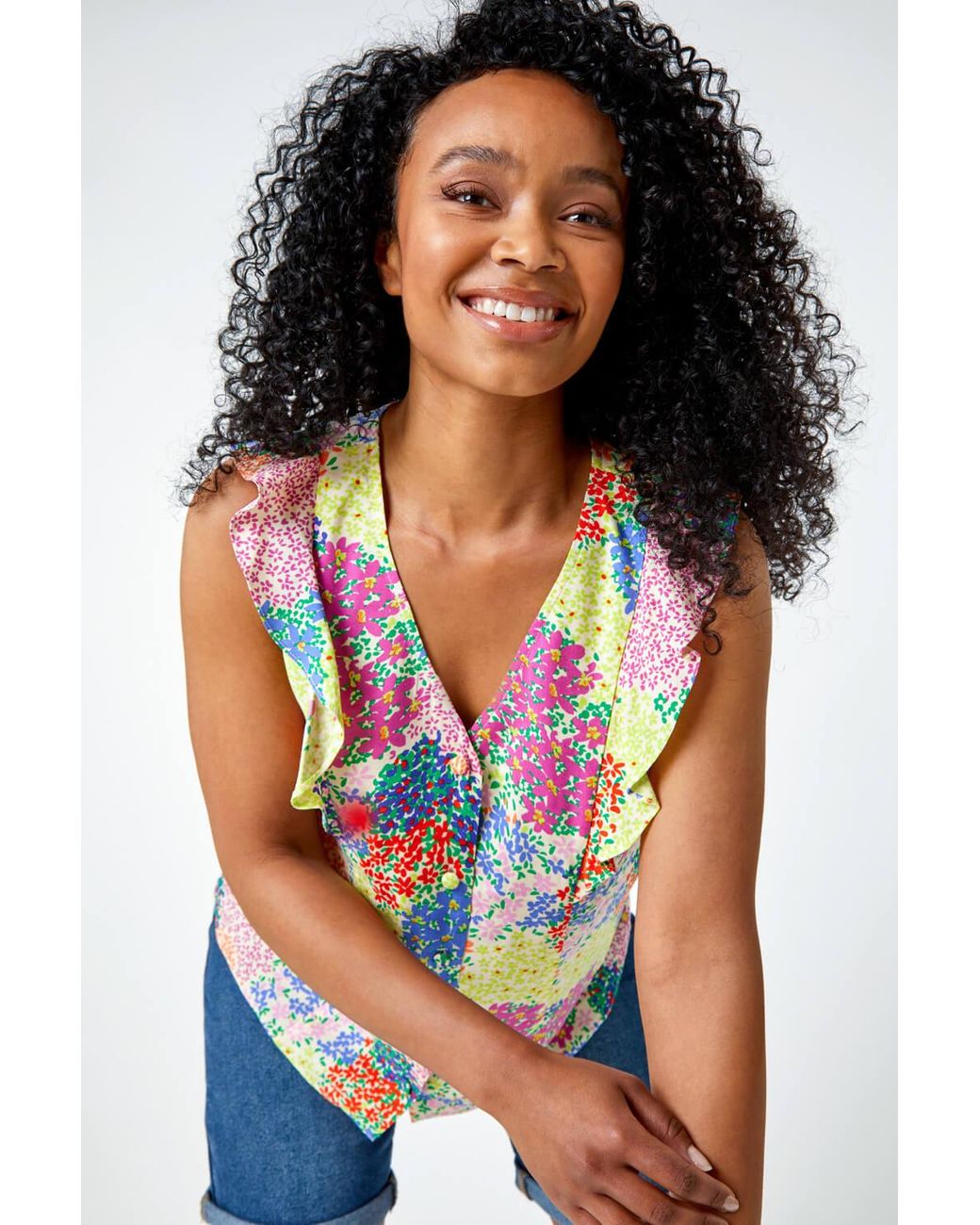 Roman Petite White Floral Frill Detail Button Top