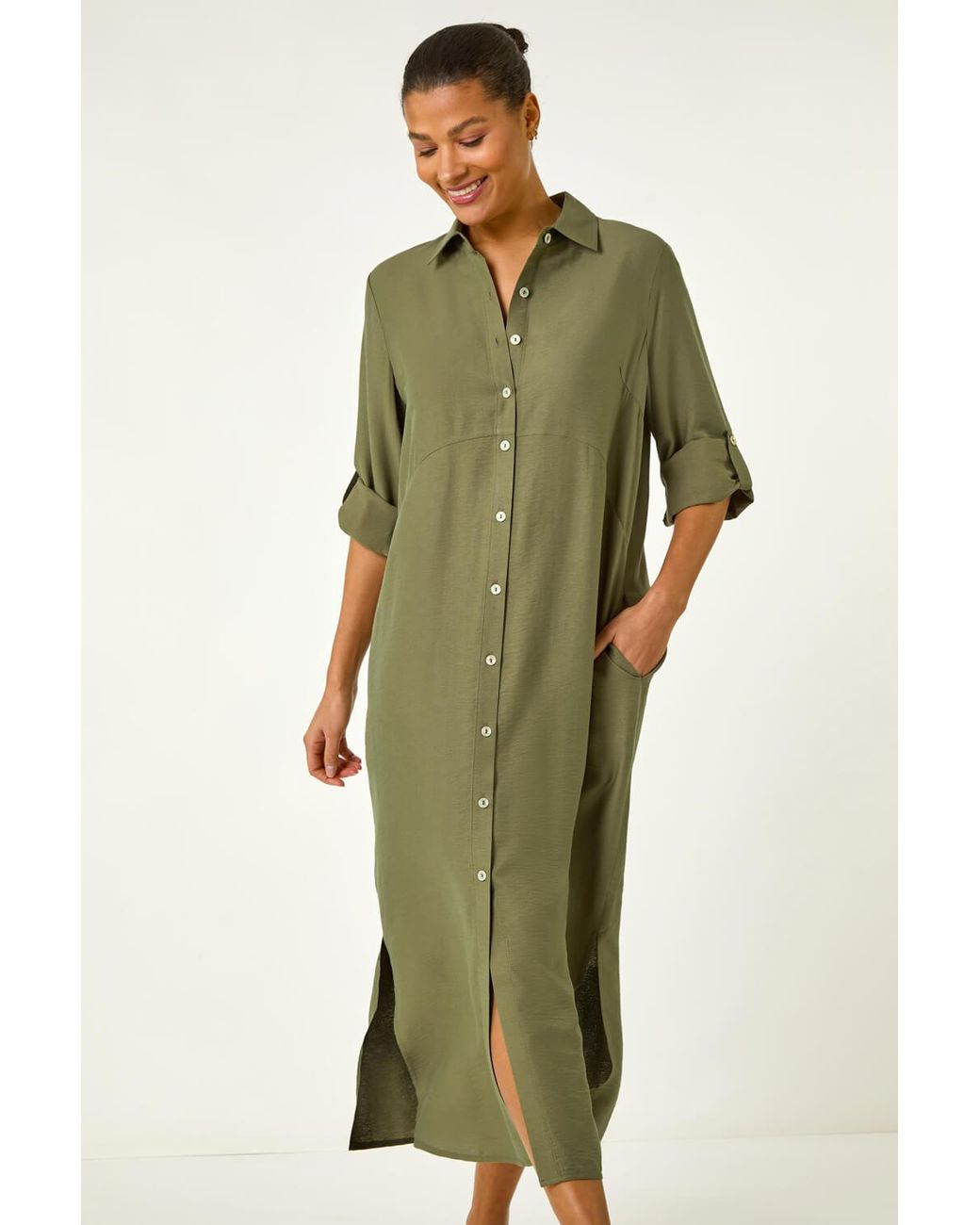 Roman Green Button Through Shirt Midi Dress