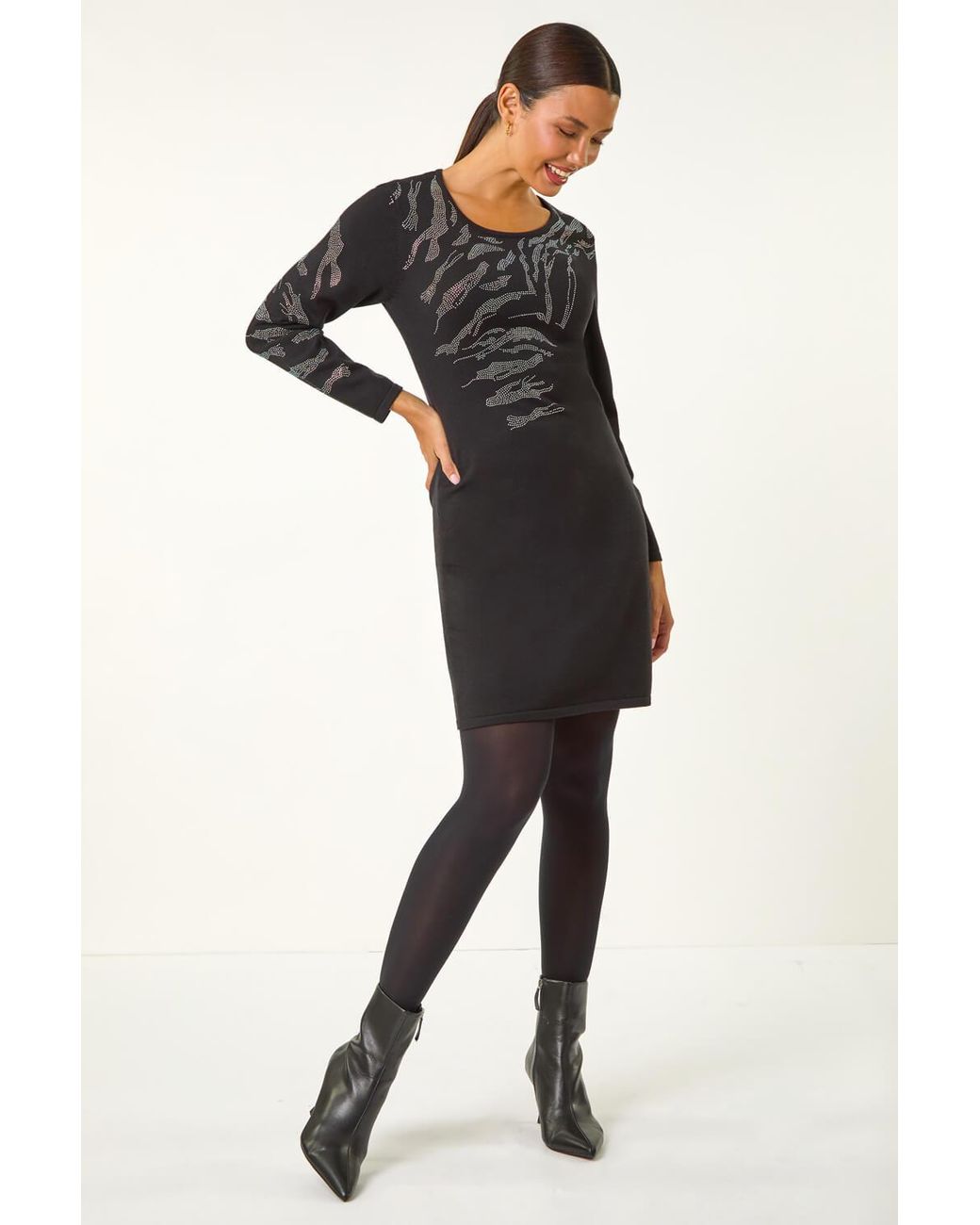 Roman Black Animal Print Embellished Hotfix Shift Dress