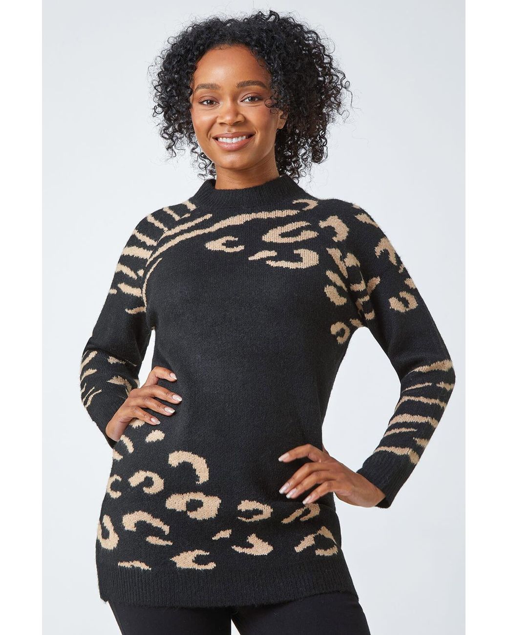Roman Petite Black Animal Print Longline Jumper