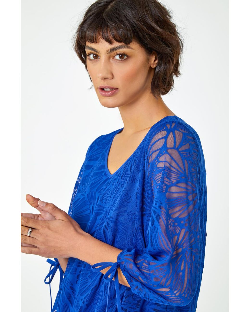 Roman Blue Burnout Tie Sleeve Overlay Top