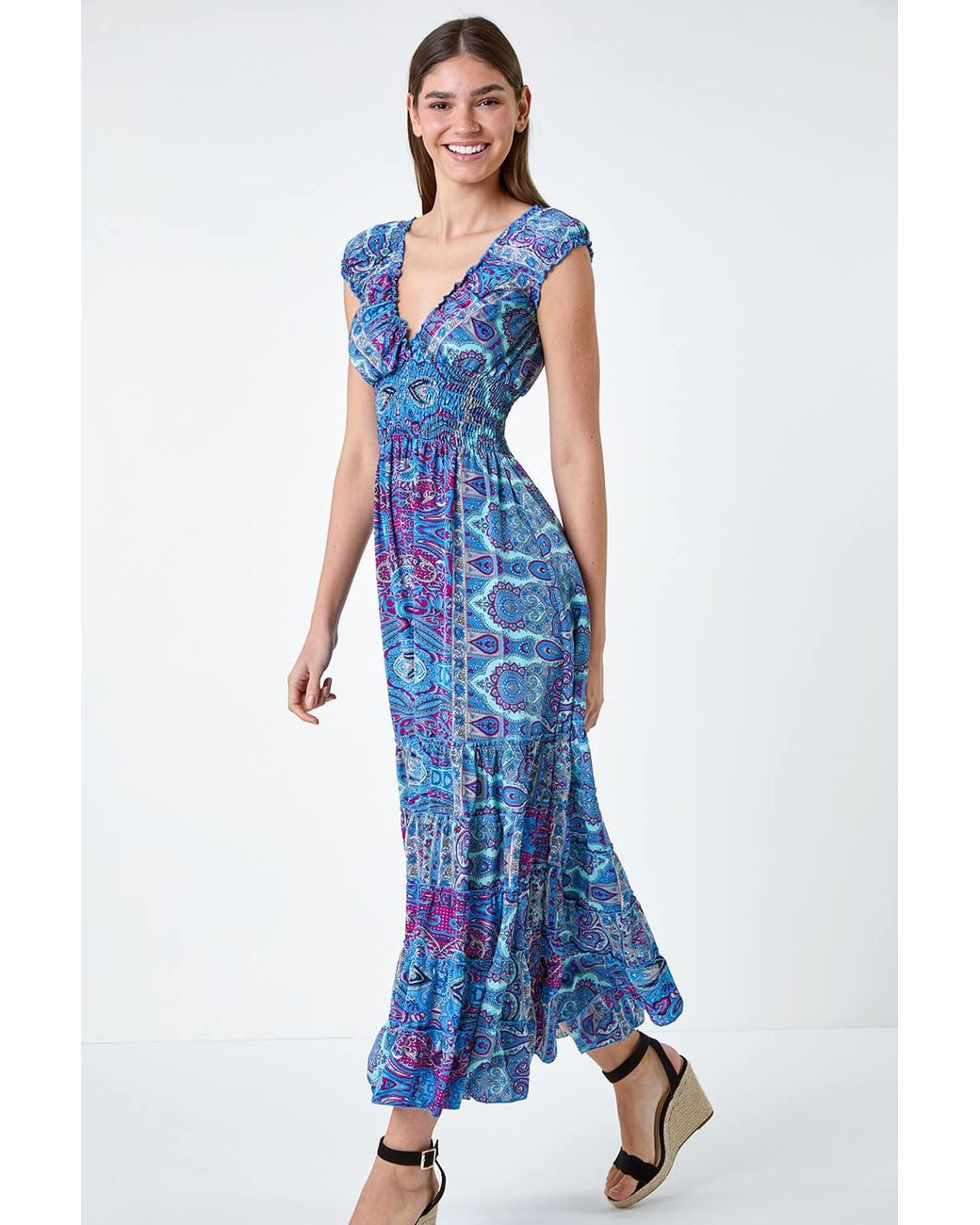 Roman Blue Paisley Print Shirred Frill Maxi Dress