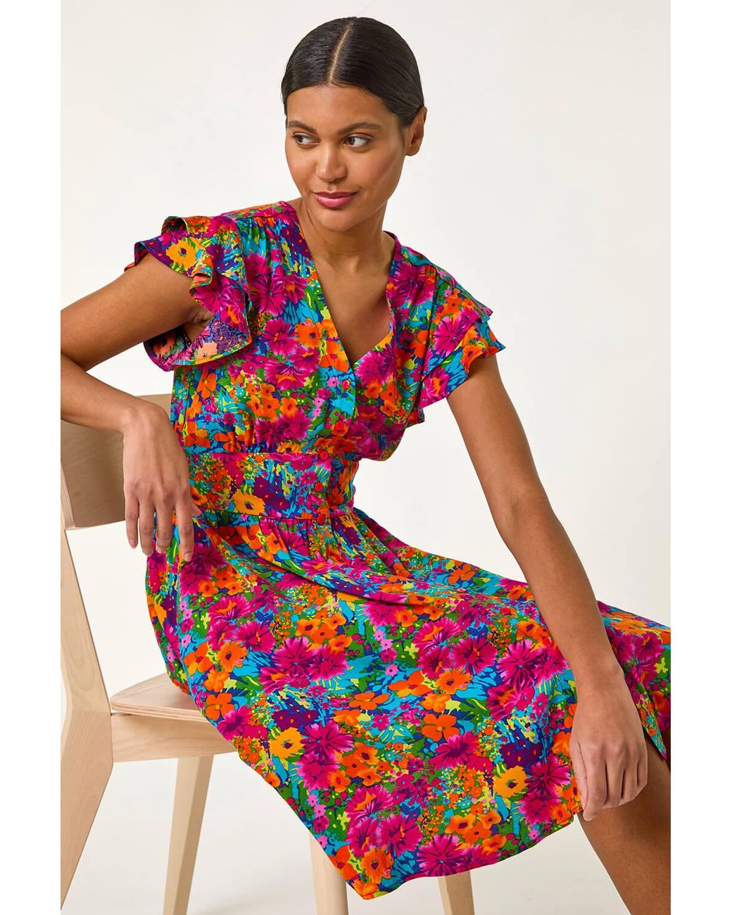 Roman Red Floral Print Button Frill Dress