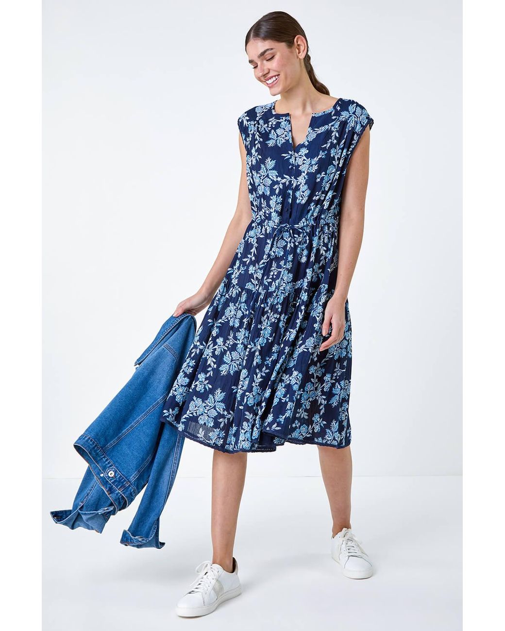 Roman Blue Floral Print Tiered Woven Dress